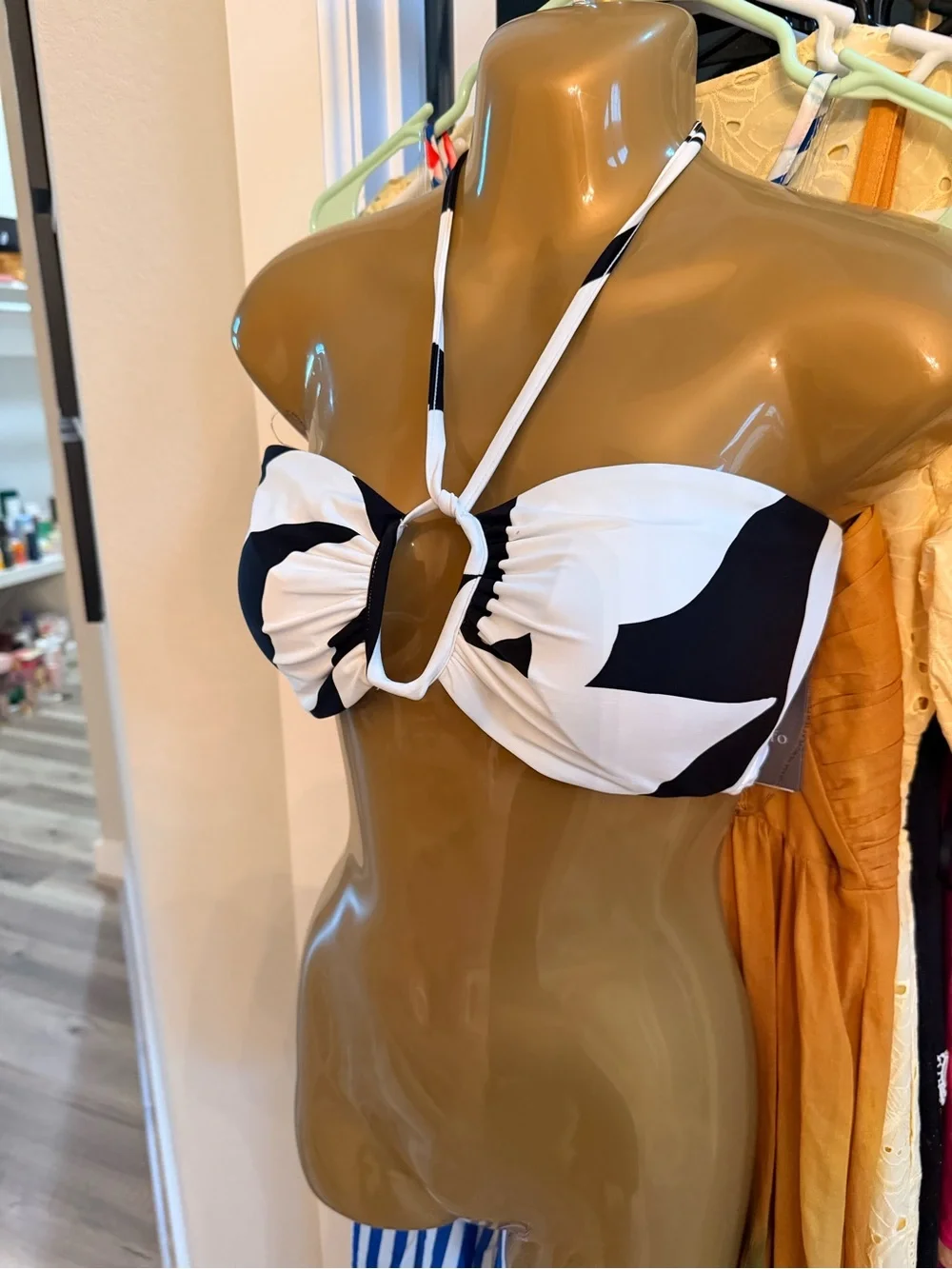 Vince Camuto Black and White Halter Bikini Top with Keyhole
